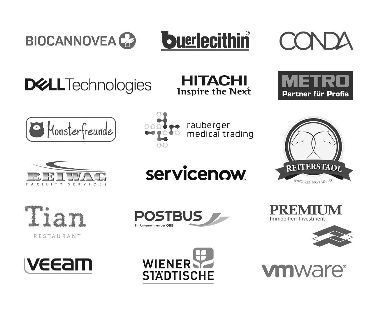 Logos unserer Kunden: Biocannovea, Bauer Lecithin, Conda, Dell Technologies, Hitachi, Metro, Monsterfreunde, Rauberger Medical Trading, Reiterstadl, Reiwag, ServiceNow, Tian, Postbus, Premium Immobilien Invest, Veeam, Wiener Städtische, VMware